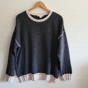 Cotton Country Sweater Womens Large Gray Cabin Style Striped Cuffs Slouchy